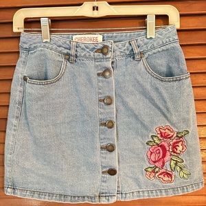 Vintage Cherokee Denim Mini Skirt Size S 26” Waist - Rose Detail